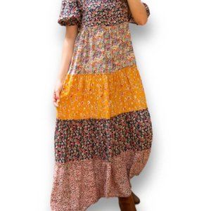 Women's Floral COLLETTE Tiered Maxi Black Vibrant Yellow Dress